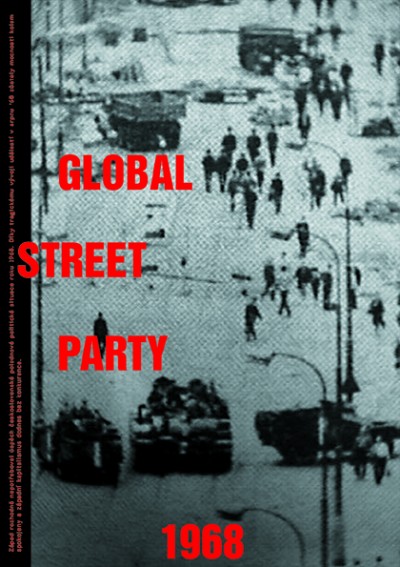 Global Street party, small text: “The west had no need for the Czechoslovak political experiment after January 1968 to be successful. As a result of the tragic events in August ‘68, both sides of the Iron Curtain remained satisfied and Western Capitalism has no real competition to this day.” Cprint, 70 x 00 cm, 1998