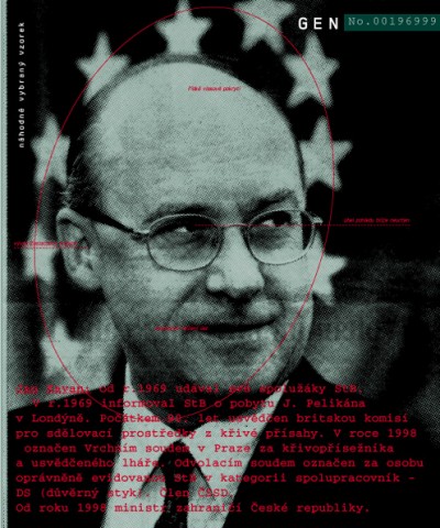 Jan Kavan: in 1969 he was recruited by the StB to inform on his fellow university students. Also in 1969,he reported to the StB about J. Pelikán's trip to London. In the early 1990s he committed perjury in a sworn affidavit for the British Broadcasting Complaints Commission. In 1998 the High Court in Prague pronounced that he was a perjurer and a liar. His classification in the category Close Collaborator (DS) as stipulated in the StB files was confirmed by an appeal court. Since 1998, Minister of Foreign Affairs of the Czech Republic., Cprint, 100x120 cm, 2000