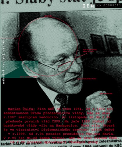 Marian Čalfa: member of KSČ since 1964. From 1972 he was an employee of the Governmental presidium office, where he became assistant chairman in 1987. From November 1989 until 1992 he was Prime Minister to the first ČSFR governments. In the spring of 1989 he received a residency in Hanspaulka from Husak‘s government. In 1999 he was still using this residency (which is in possession of diplomatic services). Since 1994, he has been a presidential adviser to Václav Havel. In 1995, he was asked by Miloš Zeman to join ČSSD. Since 1995 he has been an adviser of Chemapol group., Cprint, 100x120 cm, 2000