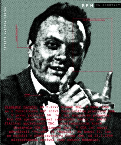 Vladimír Dlouhý: a member of KSČ since 1977. In 1989 he left the party, turning from a KSČ functionary into a functionary of the right-wing political party ODA. In the first half of the ‘90s, he was Minister of Industry. He set up a foreign bank account for ODA under the name of a fictitious company, TMC, where financial contributions amounting to millions of Czech Crowns were deposited. He was nicknamed by many in ODA as “Voloďa“ or “Mazlík“. At the end of the ‘90s he joined the Board of Directors of the company ABB. Since 3. 23. 1999, he has been the vice-president of the Board of Directors at Bohemiae foundation., Cprint, 100x120 cm, 2000