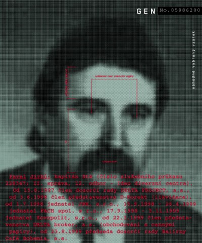 Pavel Jirků: StB Captain (official identification number 228347, 2nd administration, 12th section – ideo-diversionistic center). Since 8. 15. 1997 a member of the supervisory board of DELTA PROJECT, a.s., since 6. 3. 1998 a member of the Board of Directors of D-Korekt (liquidated), since 1. 7. 1998 a secretary of JBH, s.r.o., 9. 15. 1998–4. 26. 1999 a secretary of Kovopolit, s.r.o., since 3. 22. 1999 a member of the Board of Directors of DELTA broker, a.s. (stock and security business), since 8. 23. 1999 a member of the supervisory board of Balírny Café Bohemia, a.s., Cprint, 100x120 cm, 2000