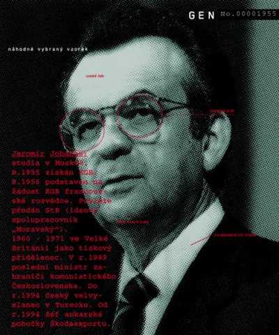 Jaromír Johanes: studied in Moscow. In 1955 recruited by the KGB. In 1956 given to French secret service on a KGB request. Later handed over to StB (ideology cooperator “Moravský“). 1960–1971 in Great Britain as a press attaché. In 1989, last Minister of Foreign Affairs of communist Czechoslovakia. Until 1994 Czech Ambassador in Turkey. Since 1994 a director of Ankara branch of Škodaexport., Cprint, 100x120 cm, 2000