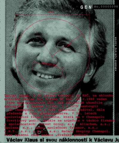 Václav Junek: joined the KSČ at the age of 22, at the end of the former regime he was a member of the ÚV KSČ. StB collaborator since 1980. StB officially ended cooperation with Junek in 1991. In 1975 he joined Chemapol. In 1990 he became its general director, and a member of the Board of Directors. In the ‘90s he is one of the owners of the company Proventa, controlling 25% of the shares in Chemapol. He also became active in the following companies: Forest Group, a.s., Aliachem, a.s., Spolana, a.s., Lesní společnost Trhanov, a.s., C.H.T., a.s., C.H.C., a.s., Chemapol Group Foundation. A member of the supervisory board of the foundation “Pražský podzim“., Cprint, 100x120 cm, 2000