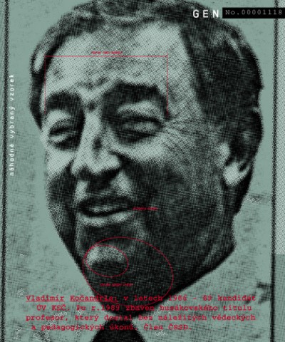 Vladimír Kočandrle: between 1986 and 1989 he was a candidate for the central comitee – ÚV KSČ. After 1989 he was stripped of his professorship, which he had received from the last communist president G. Husák even though he lacked the appropriate scientific or academic qualifications. Member of ČSSD., Cprint, 100x120 cm, 2000