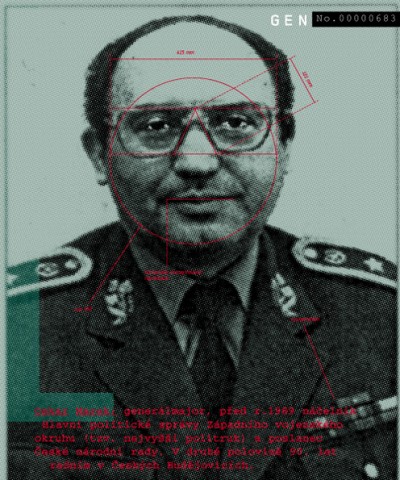 Oskar Marek: General Major, prior to 1989 was the commanding chief of main political administration over the West military region (so called “highest politruk“) a member of the Czech National Board. In the second half of the ‘90s, a councilor in České Budějovice., Cprint, 100x120 cm, 2000