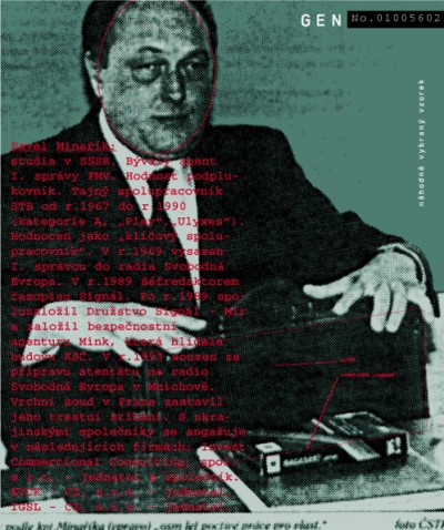 Pavel Minařík: studied in USSR. Former agent of the 1st administration of FMV, ranked Lieutenant Colonel. Evaluated as “key collaborator“. In 1969 sent by the 1st administration to Radio Free Europe. In 1989 a managing editor of the magazine Signal. After 1989 co-founded Družstvo Signál – Mír, and founded the security agency Mink, contracted to protect the KSČ residency. In 1993 put on trial for preparing a bomb attack on Radio Free Europe in Munich.The High Court repealed the case. Together with his colleagues from Ukraine, he is active in the following companies: Invest commercial consulting, s.r.o. – secretary and partner. EVCK-CZ, s.r.o. – secretary. IGSL-CZ, s.r.o. – secretary., Cprint, 100x120 cm, 2000