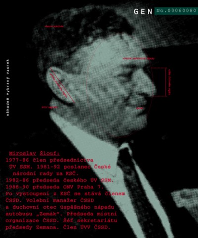 Miroslav Šlouf: 1977–86 a member of the Board of Directors of ÚV SSM [a youth communist faction]. 1981–92 a member of the Czech National Board for KSČ. 1982–86 chairman of Czech ÚV SSM. 1988–90 chairman of ONV Prague 7. After leaving the KSČ, he became a member of ČSSD, Electoral manager of ČSSD, and the spiritual father of a successful election strategy involving a road show with the bus “Zemák“. ‘90s: President of local organization of ČSSD. A Chief Secretary in Zeman‘s cabinet. Member of ÚVV ČSSD., Cprint, 100x120 cm, 2000