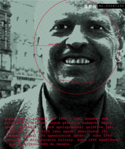 Karel Srp: Between 1976 and 1982 he regularly informed the StB about the activities of his friends. Agent code name “Hudebník”. Initially worked with the StB as an informer, from 1979 on as an agent. Attended 151 meetings, wrote 299 reports. In 1990 he worked at the Ministry of Culture. In 1999 he was a ČSSD candidate for the Senate elections., Cprint, 100x120 cm, 2000