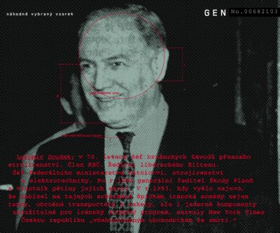 Lubomír Soudek: during the 1970s a chief of Brno‘s Factory of Exact Engineering. Member of the KSČ. Director of Elitex in Liberec. Director of Federal Ministry of Mining, engineering, and electrotechnology. After 1990 became General Director of Škoda Plzeň, and owner of 1/5 of its stocks. In 1993 it came to light that during secret meetings with Iran‘s top military leaders, he not only offered tanks, armored vehicles, and rockets, but also nuclear components, usable for Iran's nuclear weapon program. The Czech Republic was then labeled an “unpredictable merchant with death“ by the New York Times., Cprint, 120x100 cm, 2000