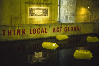 Installation view, Museo da Aqua, floating objects, text on lower wall, Cprint Dollar, Lisbon, 2002