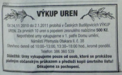 Výkup uren (URN BUYOUT), ad in local newspaper, Ceske Budejovice, 2010-2011