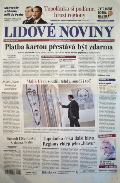 Front page of the major daily LIDOVE NOVINY the day after the opening in Prague's DOX, 2010
